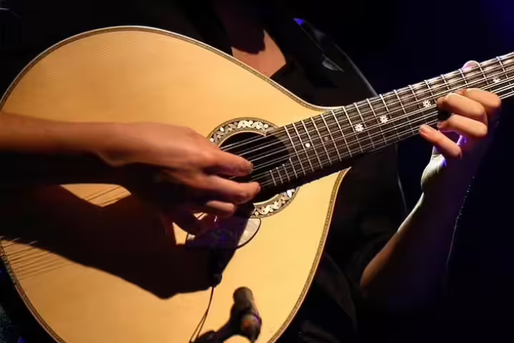 A close-up of a musician playing a traditional Portuguese guitar during a Lisbon Private Fado Night Tour, highlighting cultural immersion.