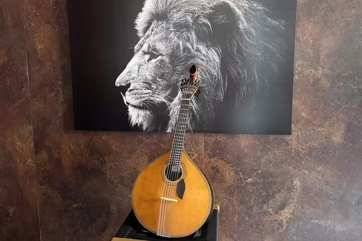 A Portuguese guitar is elegantly displayed in front of a striking lion portrait, highlighting Fado's cultural essence.