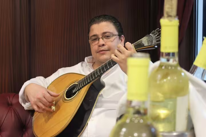 Musician playing Portuguese guitar surrounded by wine bottles, capturing the essence of Fado and tapas tour.
