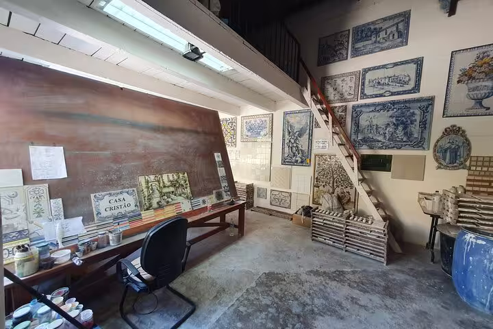 Artisan workshop showcasing traditional Portuguese tiles, part of the Arrábida, Azeitão, Setúbal, Palmela tour from Lisbon.