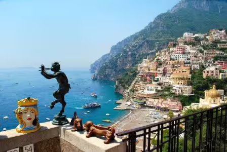 Colorful Positano cliffside and Tyrrhenian Sea view from terrace on private full-day Naples to Amalfi Coast tour