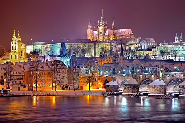 Prague skyline at night with Charles Bridge and Prague Castle, ideal backdrop for a self-guided e-scavenger hunt