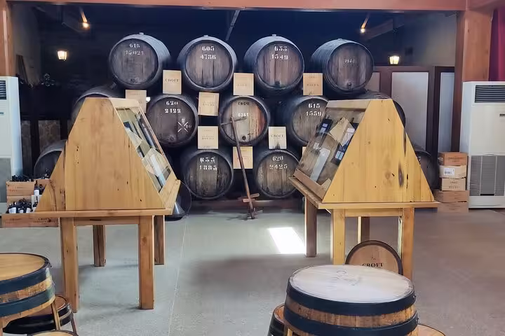 Wine cellar barrels and tasting displays on a Premium Tour, guided winery visit with curated wine sampling