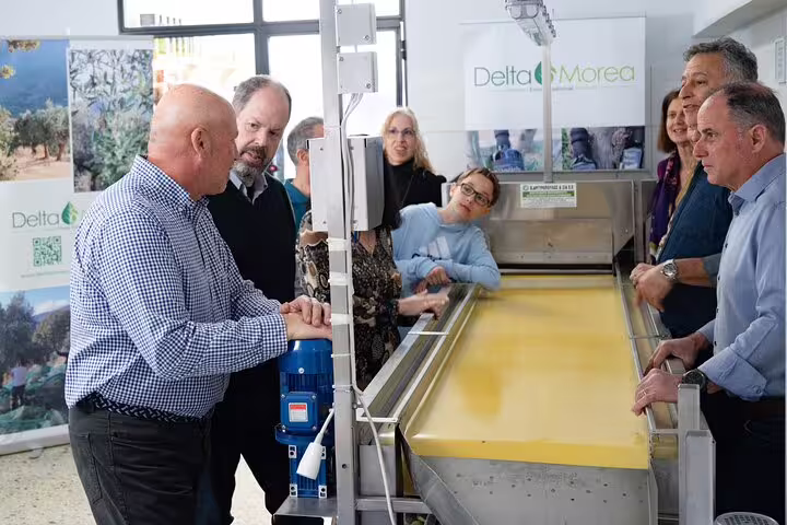 Visitors watching olive oil production during optional tasting on a private full-day Athens tour