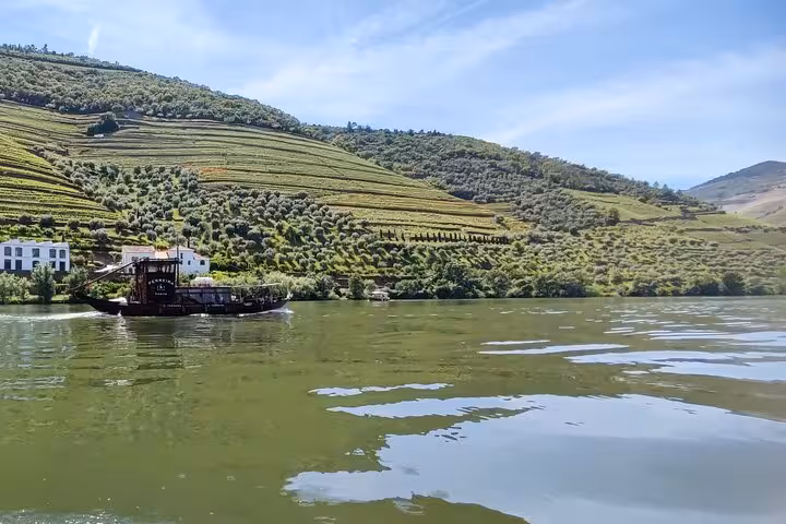 Private Douro River boat tour past terraced vineyards and a traditional rabelo boat, with Port wine included