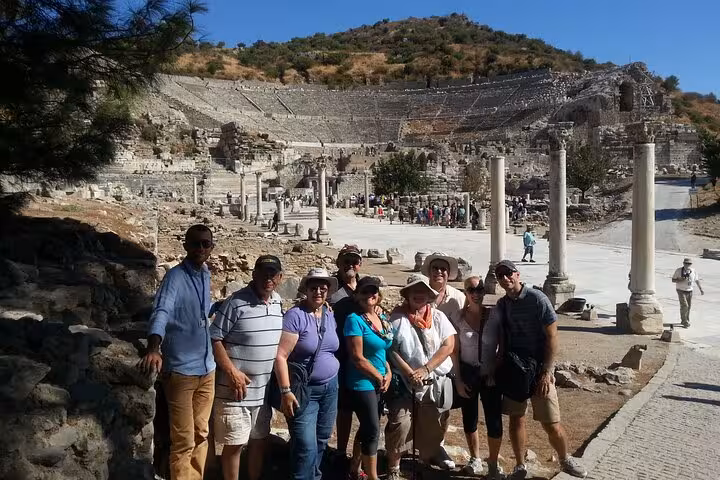 Private Ephesus tour group photo at the Great Theatre ruins near Kusadasi/Ephesus Port shore excursion