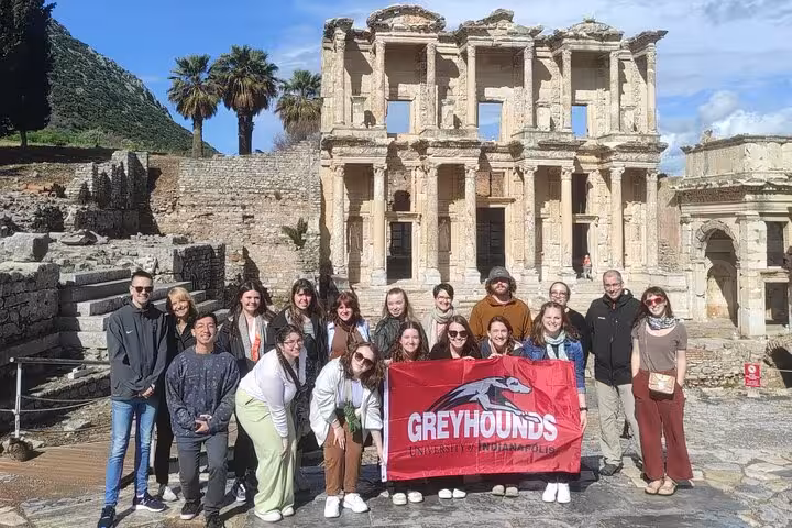 Private Ephesus tour group photo at the Library of Celsus, skip-the-line guided visit in Turkey