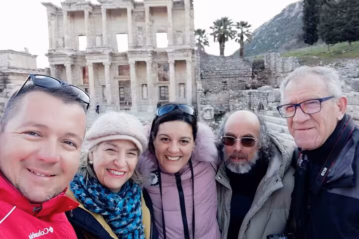 Private Ephesus tour guests selfie at Library of Celsus, skip-the-line guided visit from Kusadasi