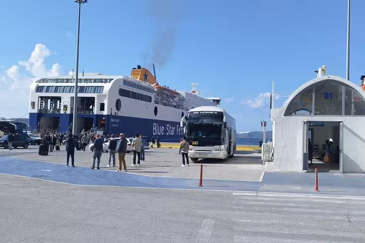 Coach bus at ferry port terminal for chauffeur transfer service, cruise and ferry arrivals pickup
