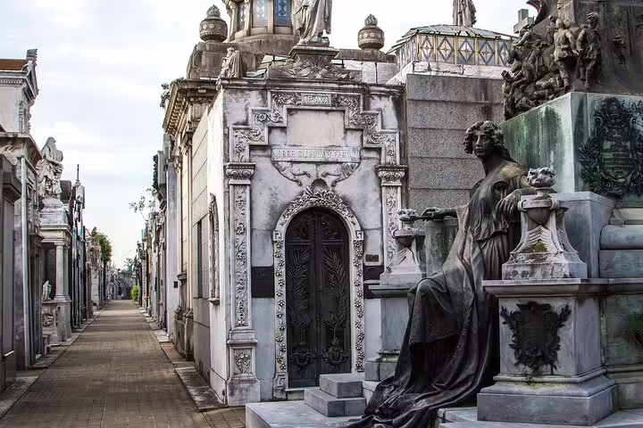 Private half-day Buenos Aires sightseeing at Recoleta Cemetery, ornate mausoleums and statue-lined walkway