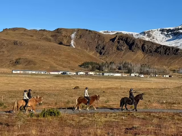 Riders on a guided private horseback riding tour across a valley with mountains and glacier views