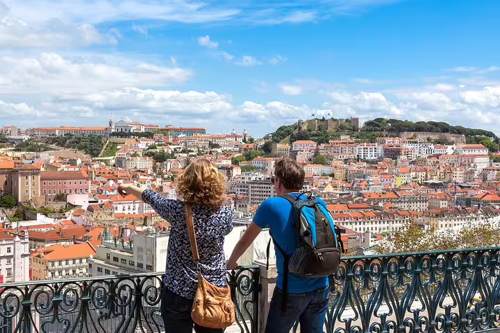 Tourists enjoy a panoramic view of Lisbon's historic architecture and vibrant rooftops during a private city tour.