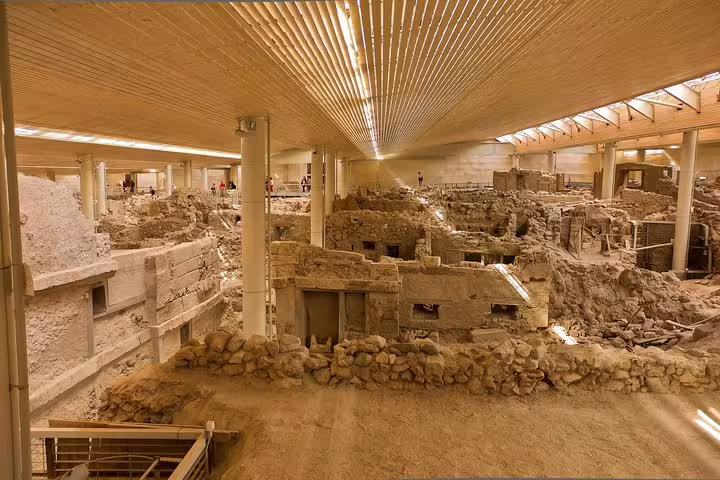 Explore the ancient ruins of Akrotiri on a private full-day sightseeing tour in Santorini with a knowledgeable local guide.