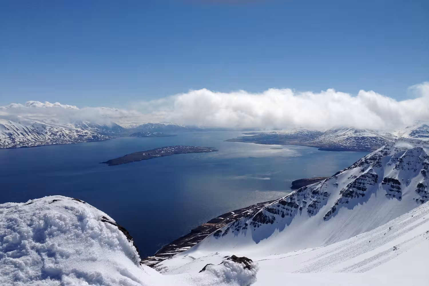 Scenic snowy mountain vista overlooking a serene fjord, showcasing breathtaking views on a custom tour.
