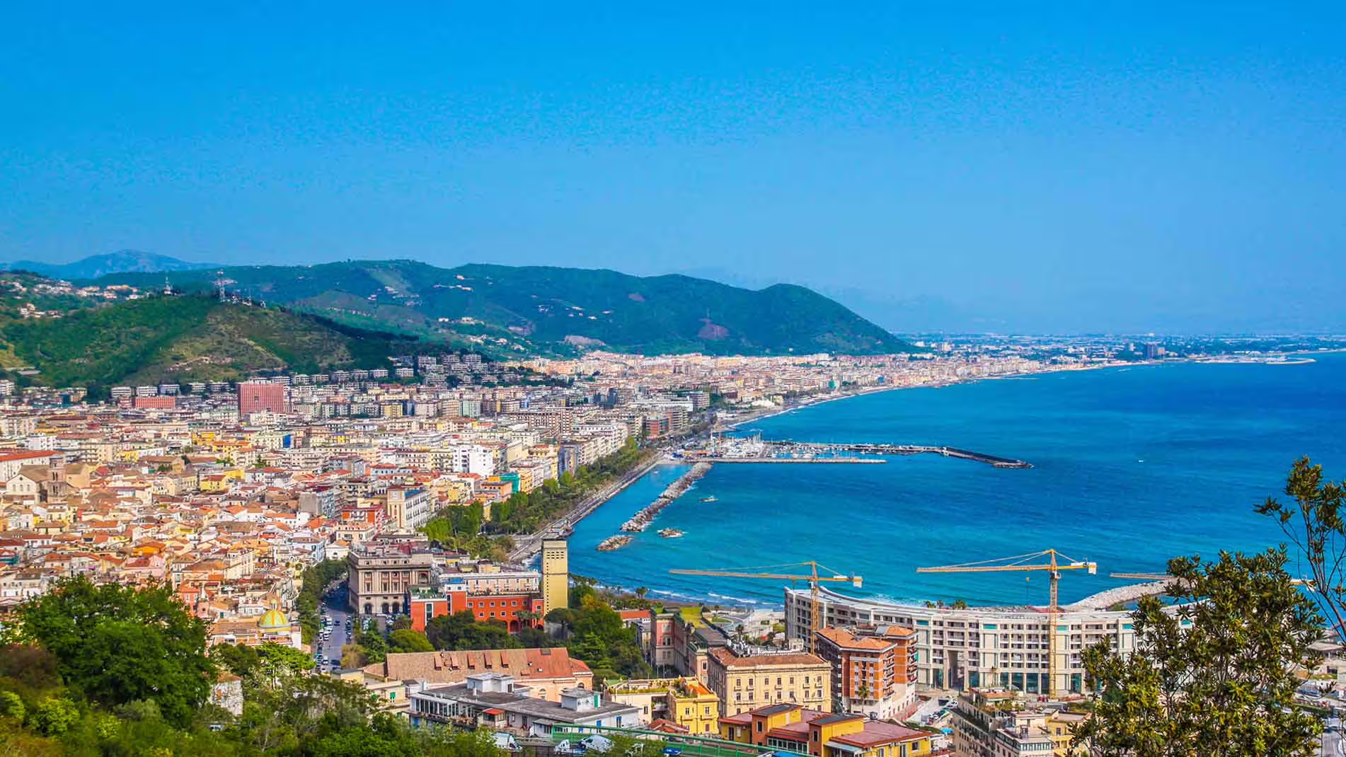 Panoramic view of Salerno coastline and harbor, destination for private transfer from Naples to Salerno with chauffeur
