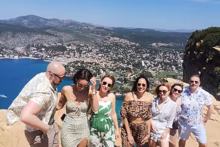 Friends at scenic viewpoint above the French Riviera near Nice, day trip with private vehicle and driver