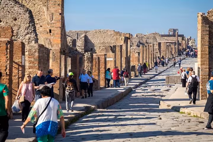 Tourists explore the ancient streets of Pompeii, lined with historic ruins, during a private guided walking tour.