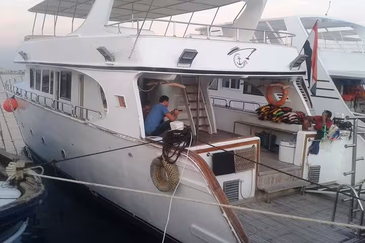Private yacht moored at Hurghada marina for boat trip to Sahl Hasheesh, Makadi Bay, and El Gouna