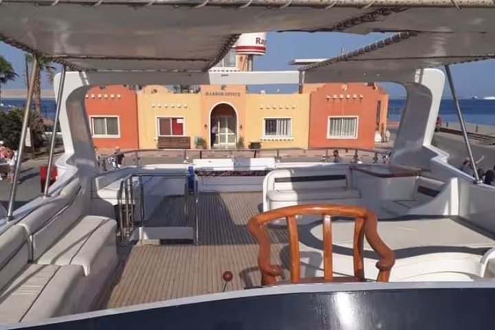 Upper deck seating on private yacht departing Hurghada for Soma Bay, Safaga and El Gouna cruise