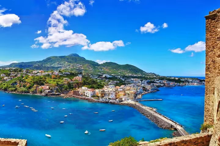 Stunning view of Procida's colorful harbor and lush hills, captured during the Sorrento small-group boat tour.
