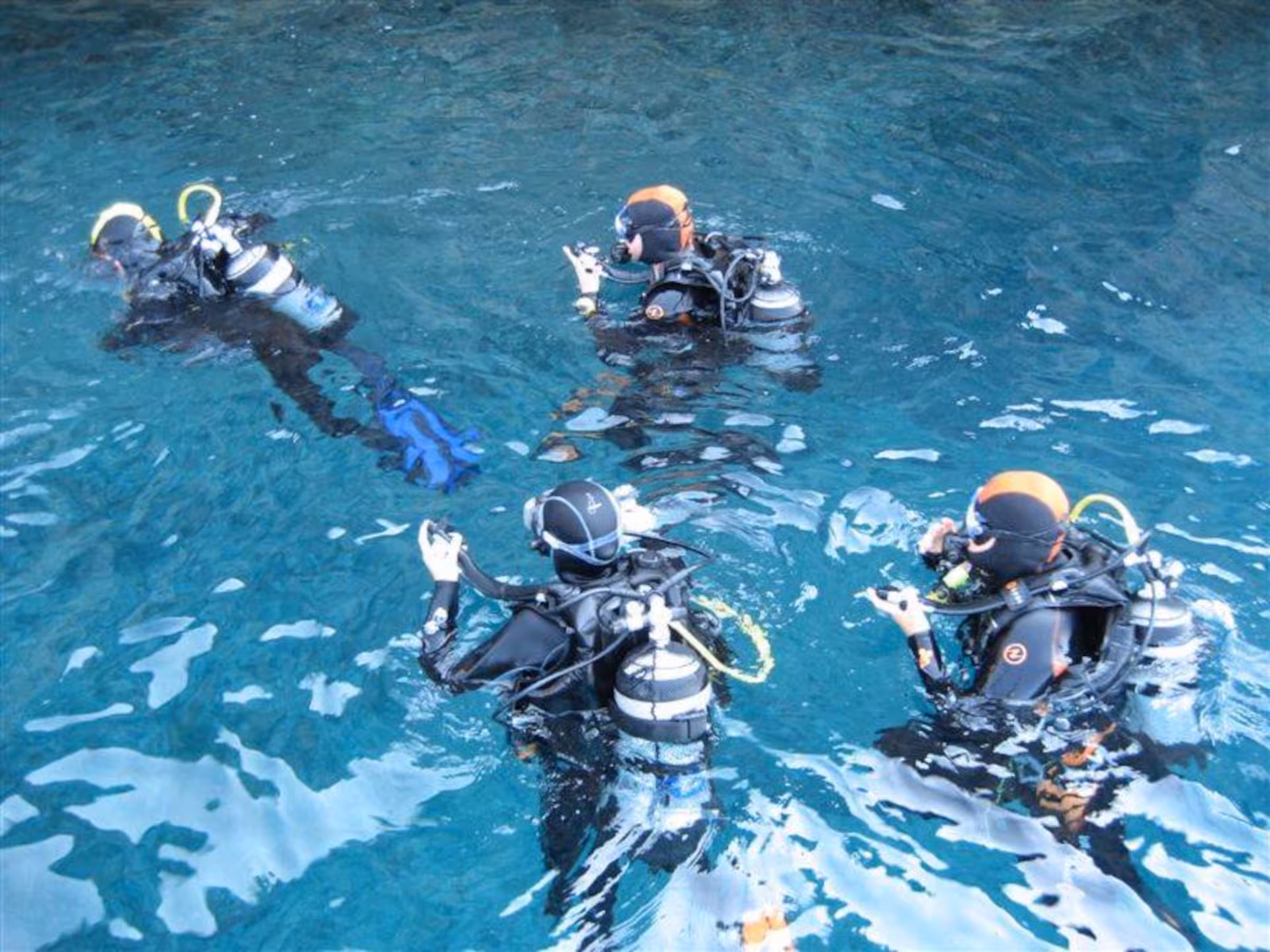 Group of professional divers preparing in the clear waters of Capo Caccia, Alghero.