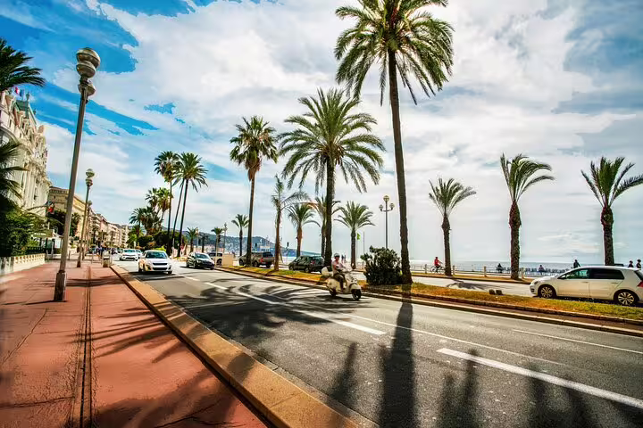 Palm-lined Promenade des Anglais Nice coastal road, scenic drive highlight on a private car tour from Place Massena