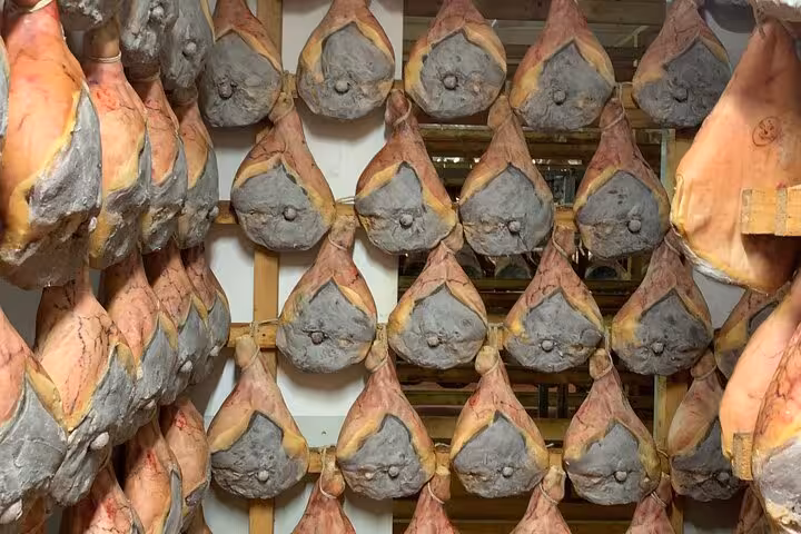 Rows of hanging prosciutto aging in a traditional curing room in Bologna.