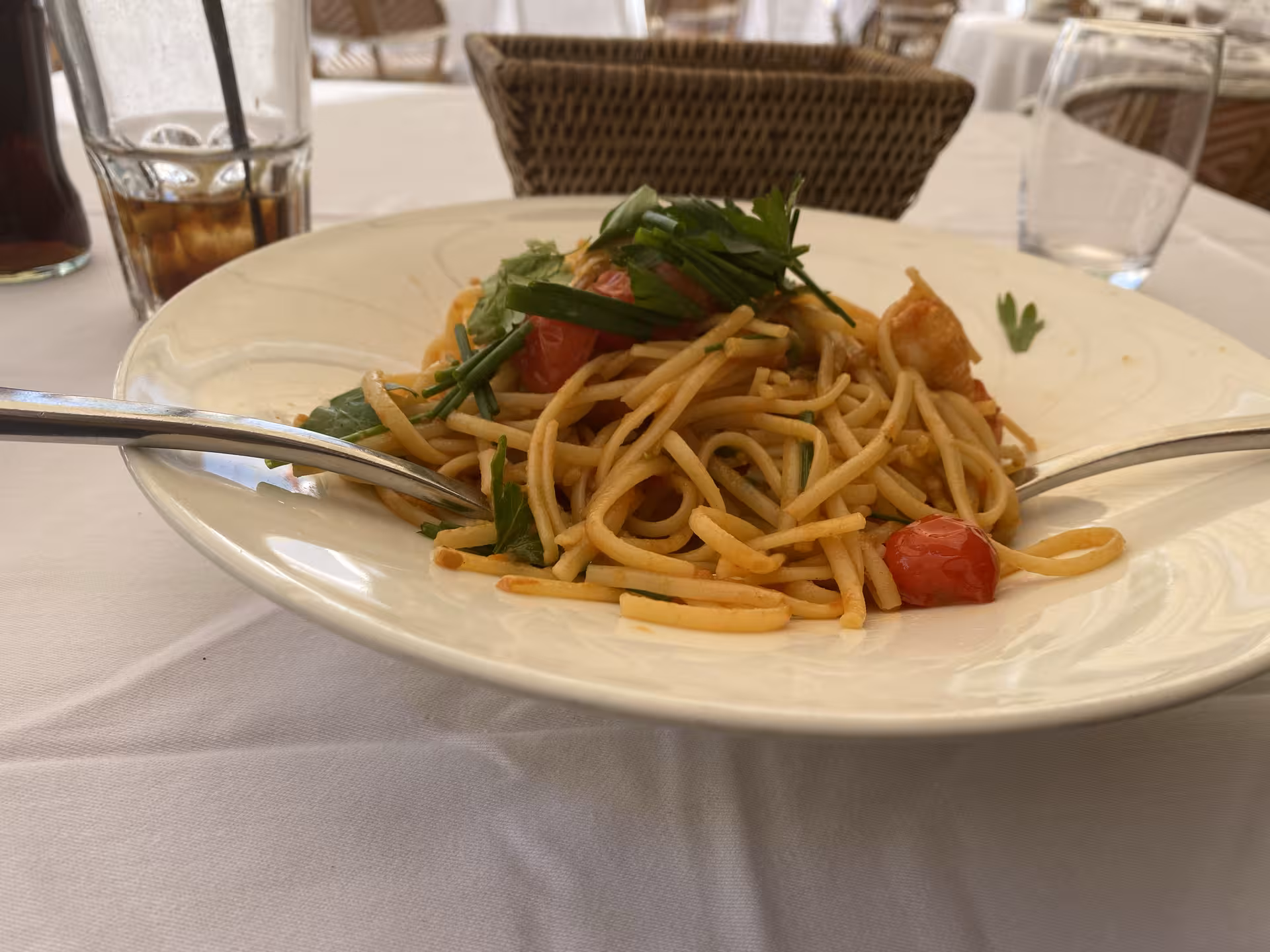 Provençal pasta with cherry tomatoes at a seaside restaurant stop on a private Hyères to Saint-Tropez tour