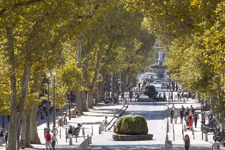 Charming tree-lined avenue in Provence with people strolling and a historic fountain in the distance.
