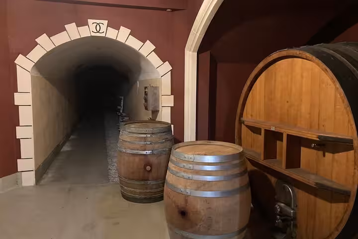Explore a rustic wine cellar in Provence with wooden barrels and an inviting stone archway.