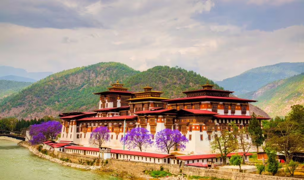 Majestic Punakha Dzong by the river with vibrant jacaranda trees, a highlight of Bhutan's cultural heritage tours.