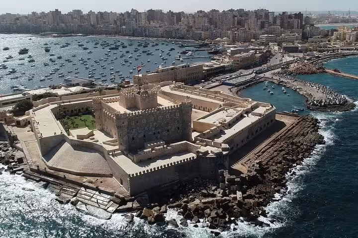 Aerial view of Qaitbay Citadel on Alexandria Corniche, highlight of private sightseeing tour from Cairo with lunch