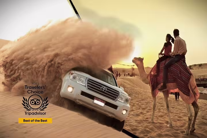 Exciting Qatar desert safari with a car smashing through sand and a couple enjoying a camel ride at sunset.