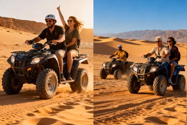 Couples riding quad bikes across Sinai desert dunes on Sharm El Sheikh super safari adventure tour