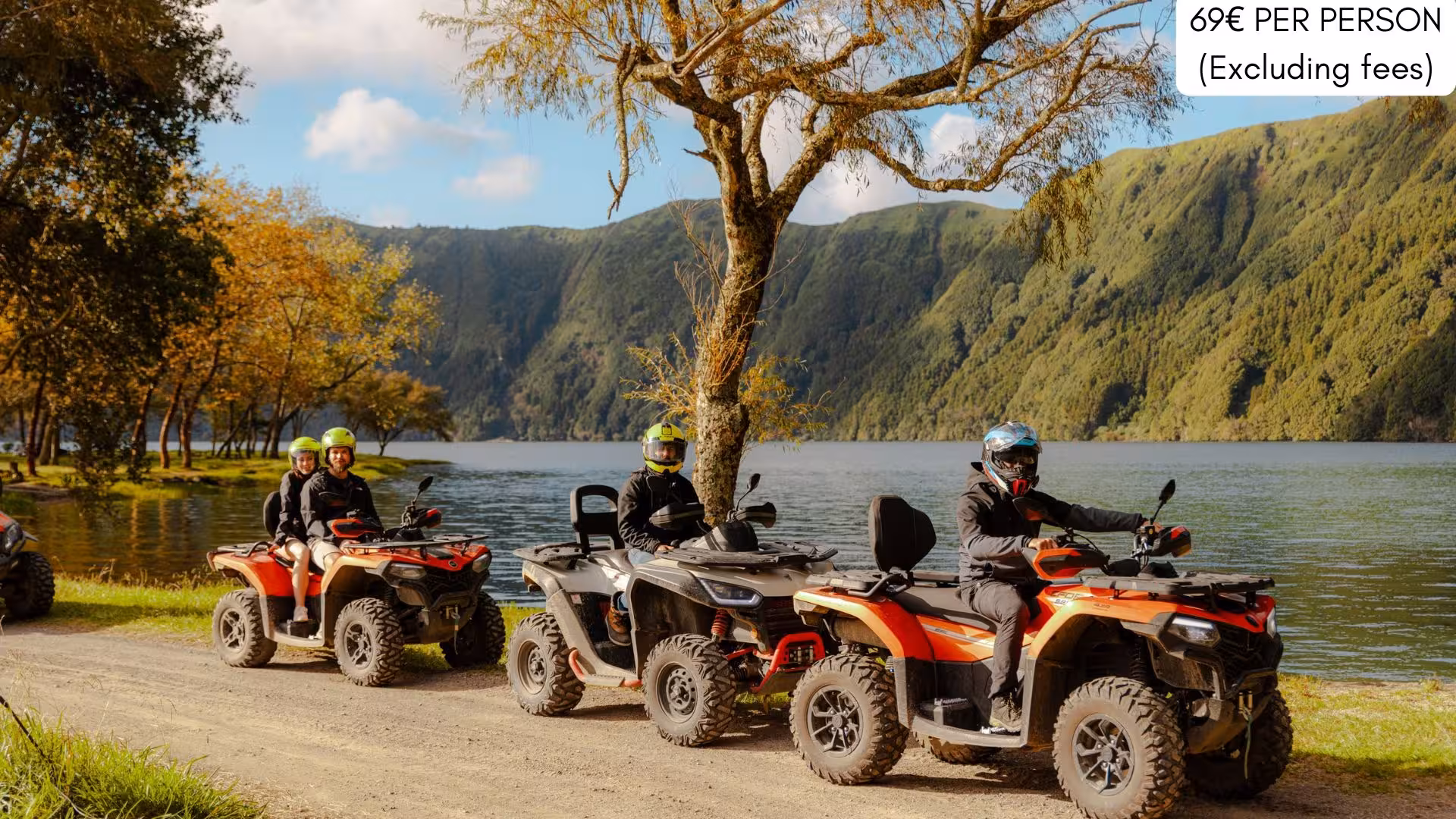 Riders on quad bikes by Sete Cidades lake, São Miguel Azores, during a half-day Seven Cities quad tour