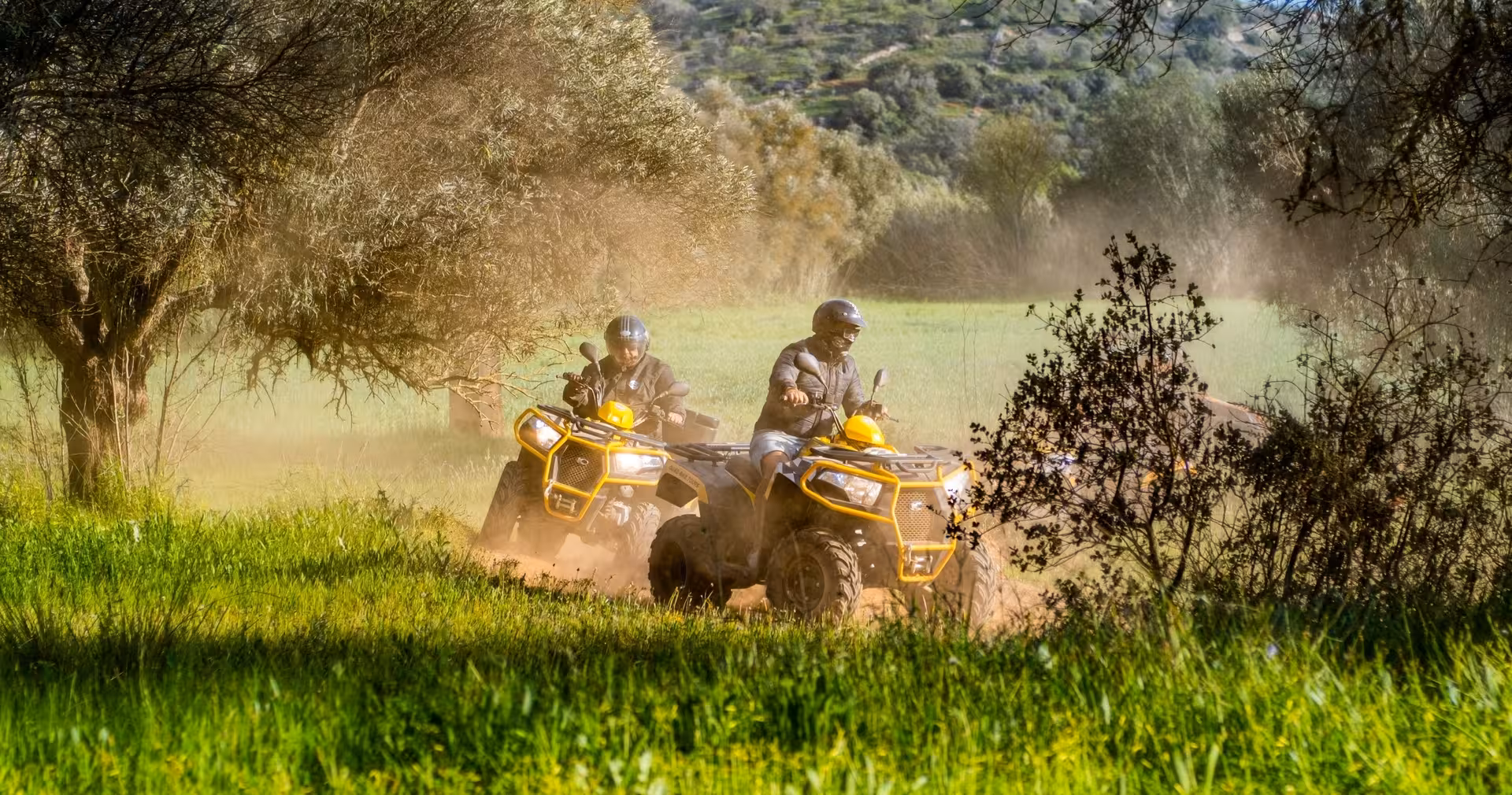 Two riders on yellow quad bikes speeding through a green countryside field, kicking up dust on an off-road tour