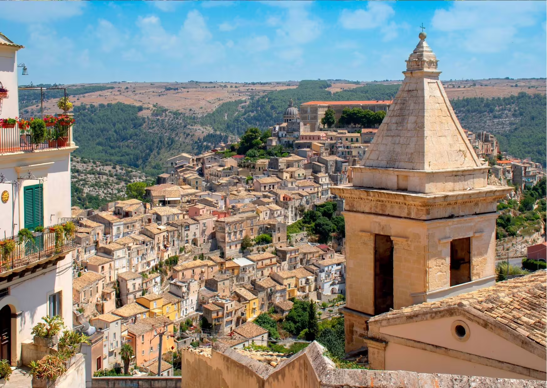 Ragusa Ibla hilltop panorama with baroque bell tower, highlight on Noto Ragusa Modica tour from Siracusa