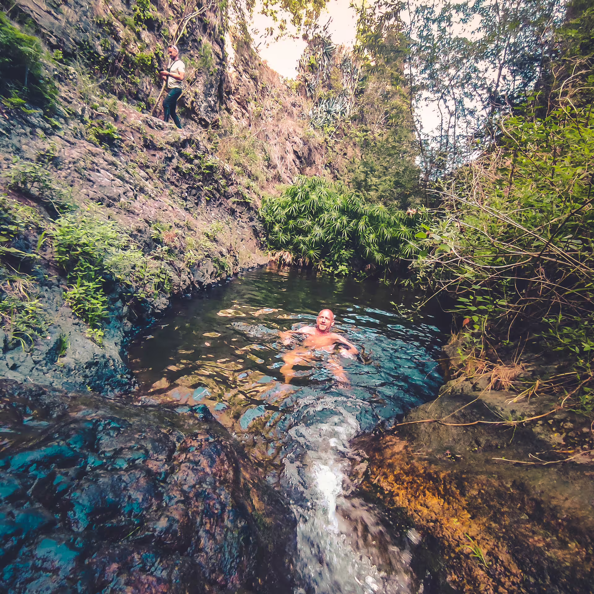 Visitor enjoying a refreshing swim in a secluded rainforest pool during The Rainforest Tour - Small Group Trip.