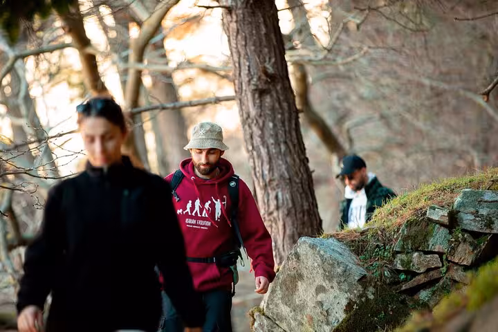 Group of hikers follow a rocky forest trail on Ikaria during a guided Randi’s Forest trek with Seychelles boat trip and lunch