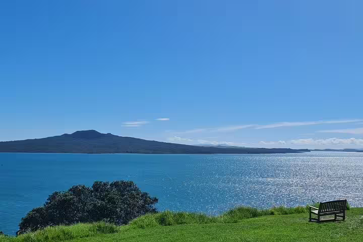 Scenic view of Rangitoto Island from a lush green hill, perfect for the Private Auckland Highlight Day Tour.