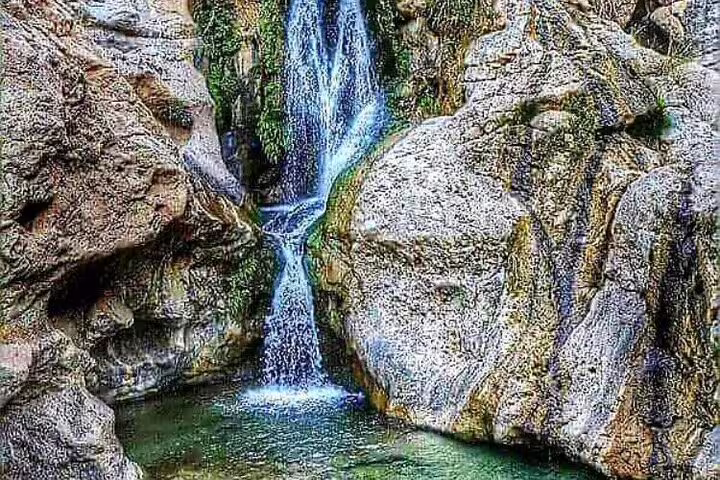 Experience the natural beauty of a vibrant waterfall flowing into a clear pool surrounded by rugged rocks in Ras Al Hadd.