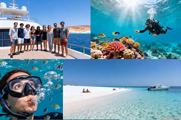 VIP boat group tour to Ras Mohamed and White Island with snorkeling, diving, reef fish and sandbar lagoon