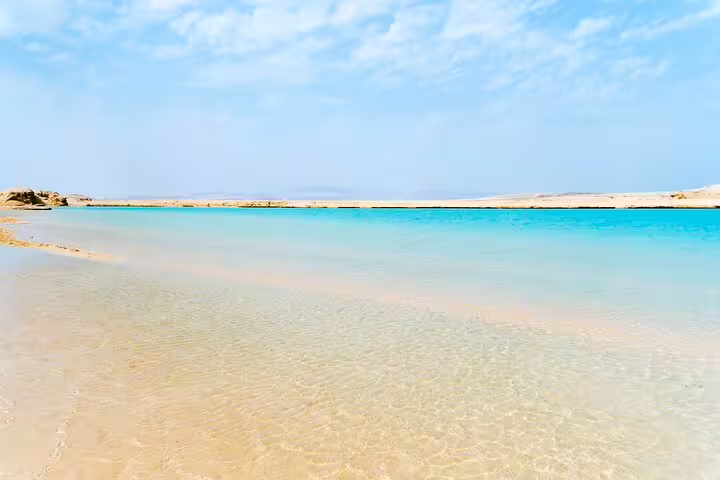 Shallow crystal-clear Ras Mohammed lagoon and sandbar, relaxing photo stop on Sharm El Sheikh bus tour
