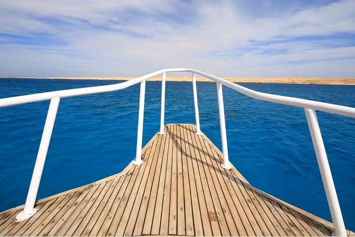 View from boat deck across Red Sea to Ras Mohammed, Sharm El Sheikh White Island cruise and intro dive tour