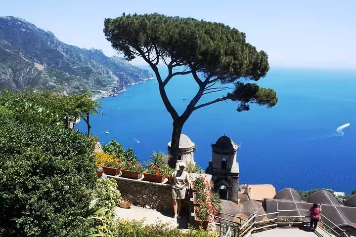 Picturesque Ravello terrace with panoramic sea views and lush greenery on an Amalfi Coast excursion.