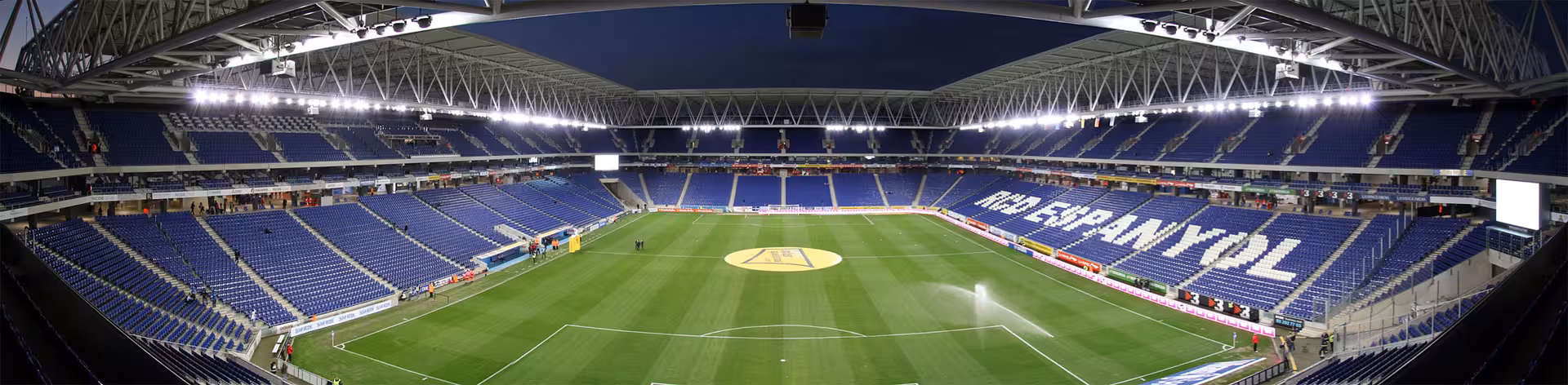 Panoramic view of RCDE Stadium pitch and stands, part of Barcelona all-inclusive football tour experience