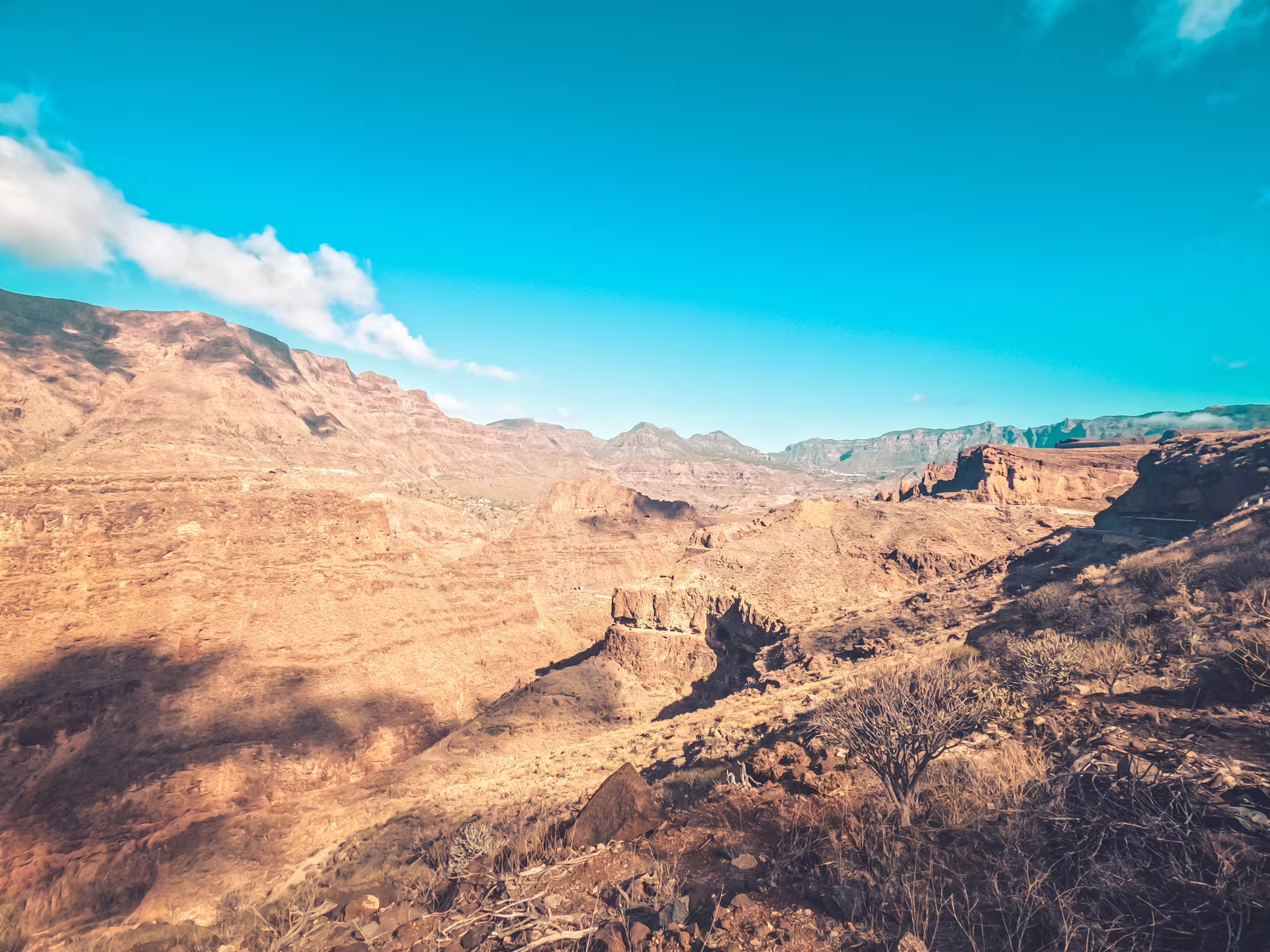 Expansive view of the rugged Red Canyon landscape under a bright blue sky.