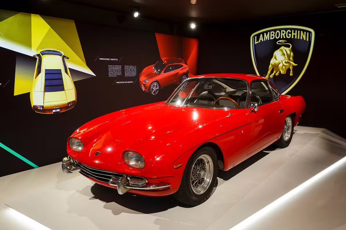 Red classic Lamborghini on display at Lamborghini Museum Modena, included with Bologna entry ticket tour
