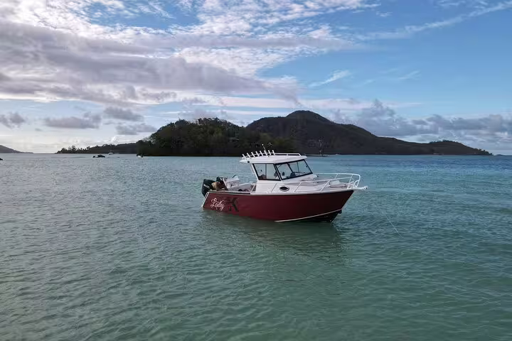 Scenic view of a private boat anchored in clear turquoise waters during a Reef Safari snorkeling day trip.