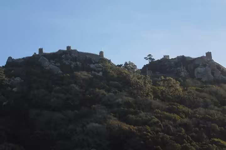 Scenic view of Regaleira's hilltop castles surrounded by lush greenery under a clear blue sky in Sintra.
